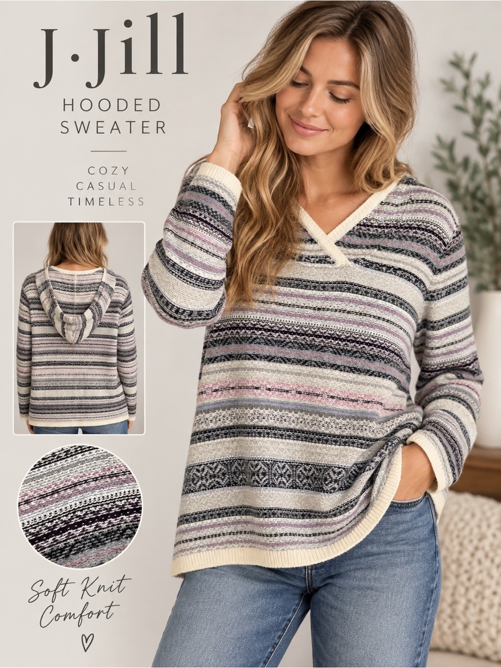 J. Jill Fair Isle Striped Hooded Sweater Size L Cotton Blend Boho